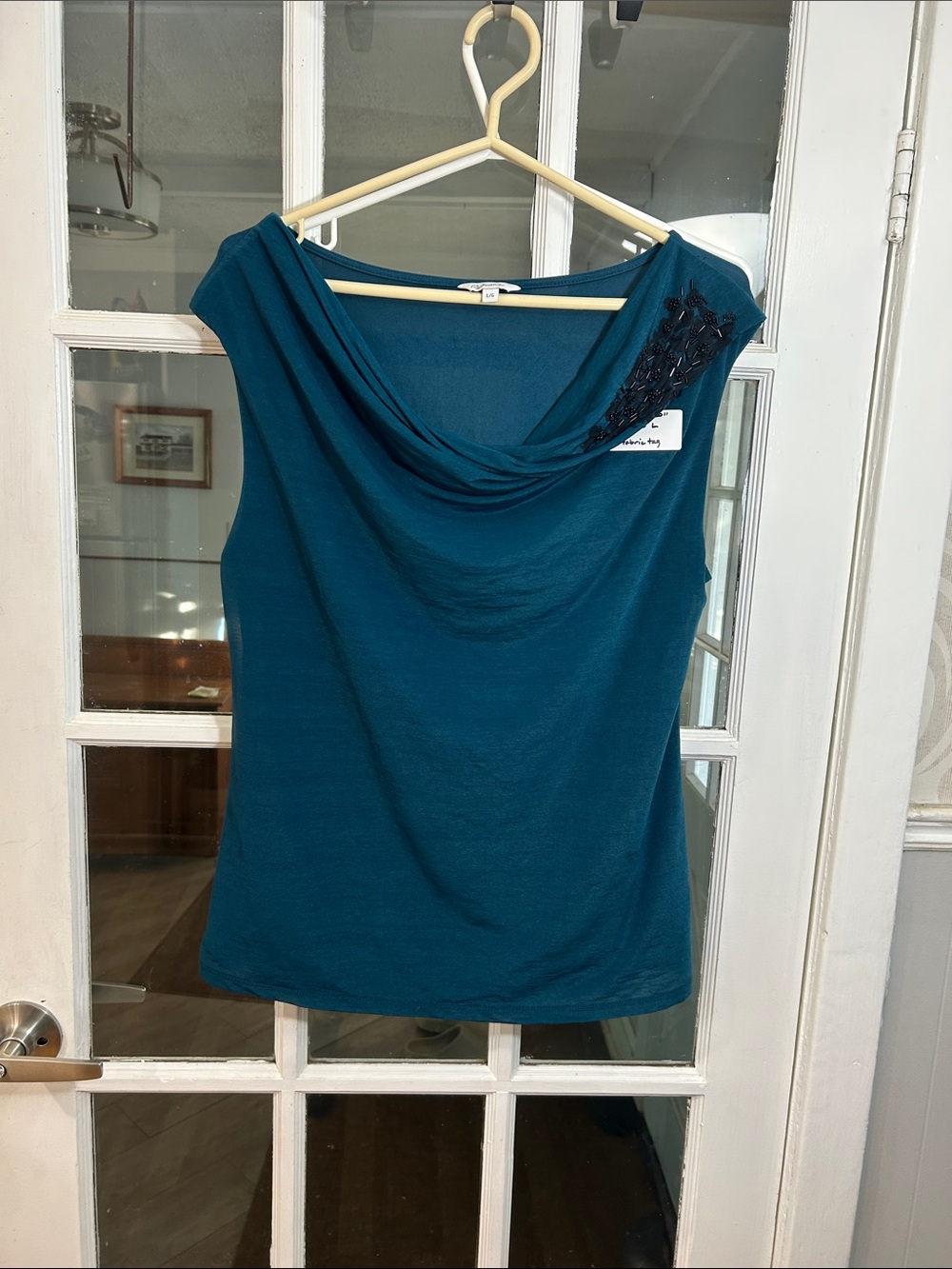 E27.   Reitmans Teal Draped Cowl Neck Sleeveless Camisole with Beaded Accent